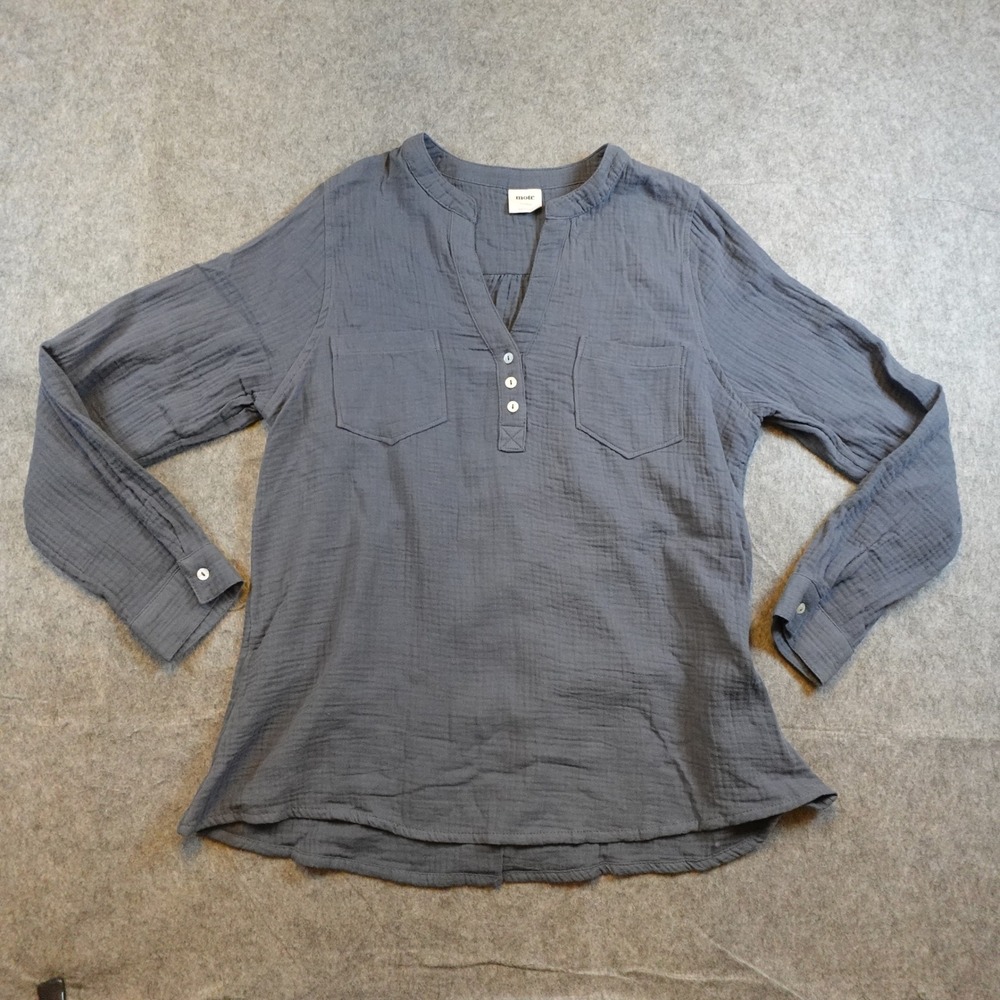Mote Top Women Extra Large Blue Cotton Gauze Henley Long Sleeve Blouse Tunic